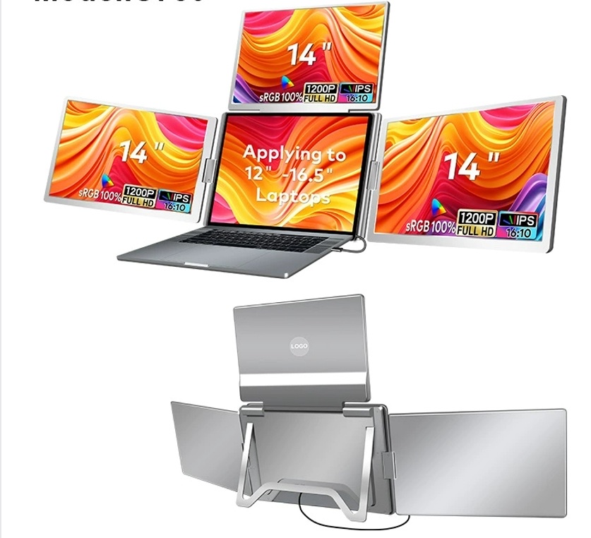 Quad Screen Laptop Extender - 3x 14" Full HD+ Screens (Left, Right & Top), USB-C, Fits 12-18.5" Laptops, Silver