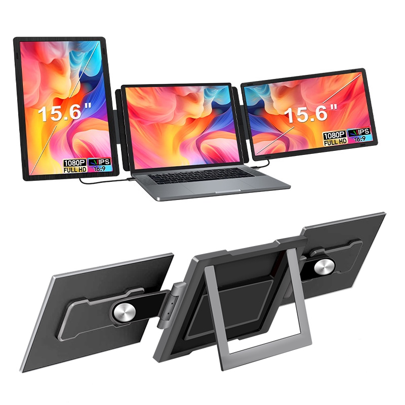 Triple Screen Laptop Extender - 2x 15.6" Full HD Screens, Black, One USB-C Cable, Fits 12-18.5" Laptops, Foldable with Kickstand