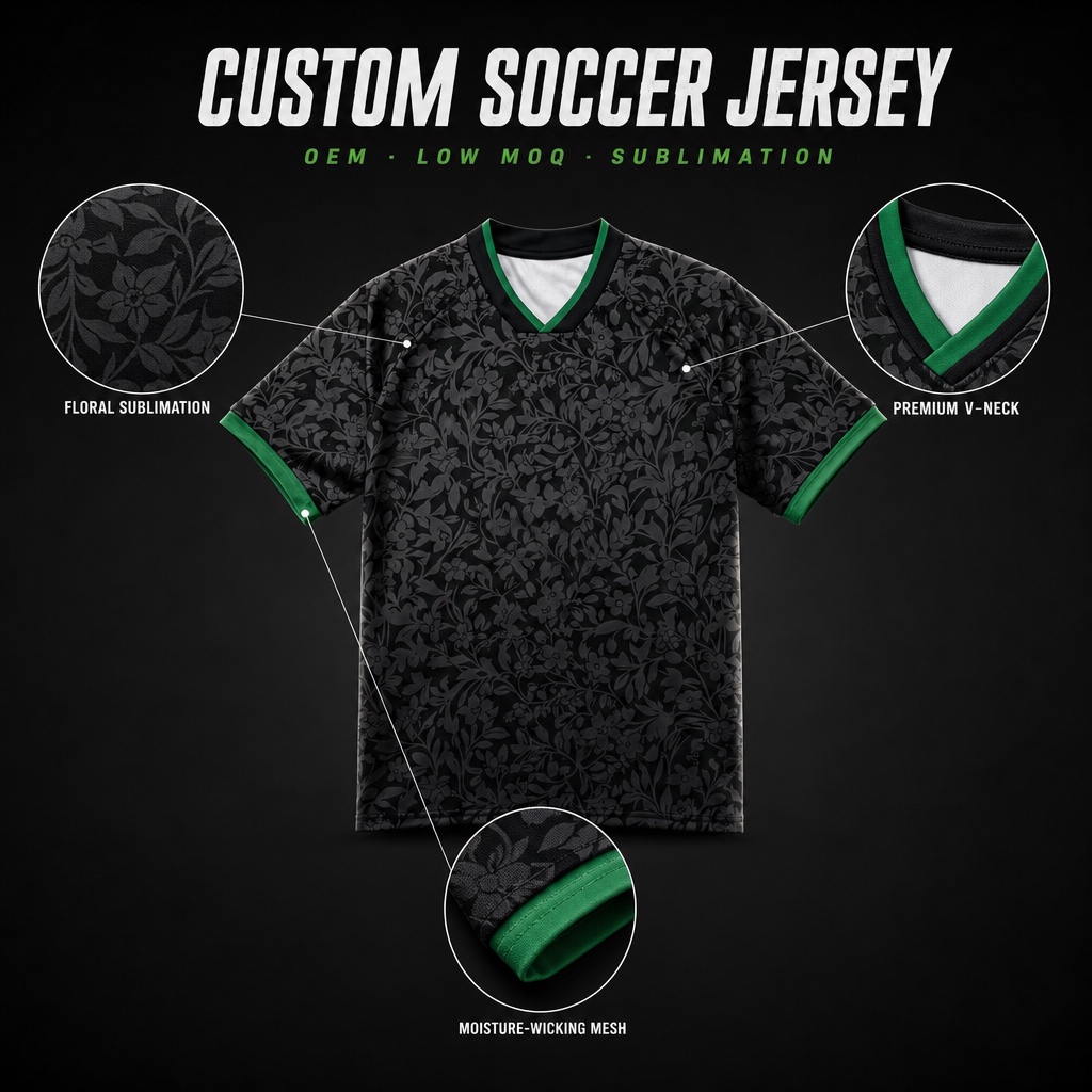 Custom Football Shirt - Black Floral Pattern, V-Neck, Green Trim - Your Team Name, Logo & Numbers - Unisex S-5XL - From 2