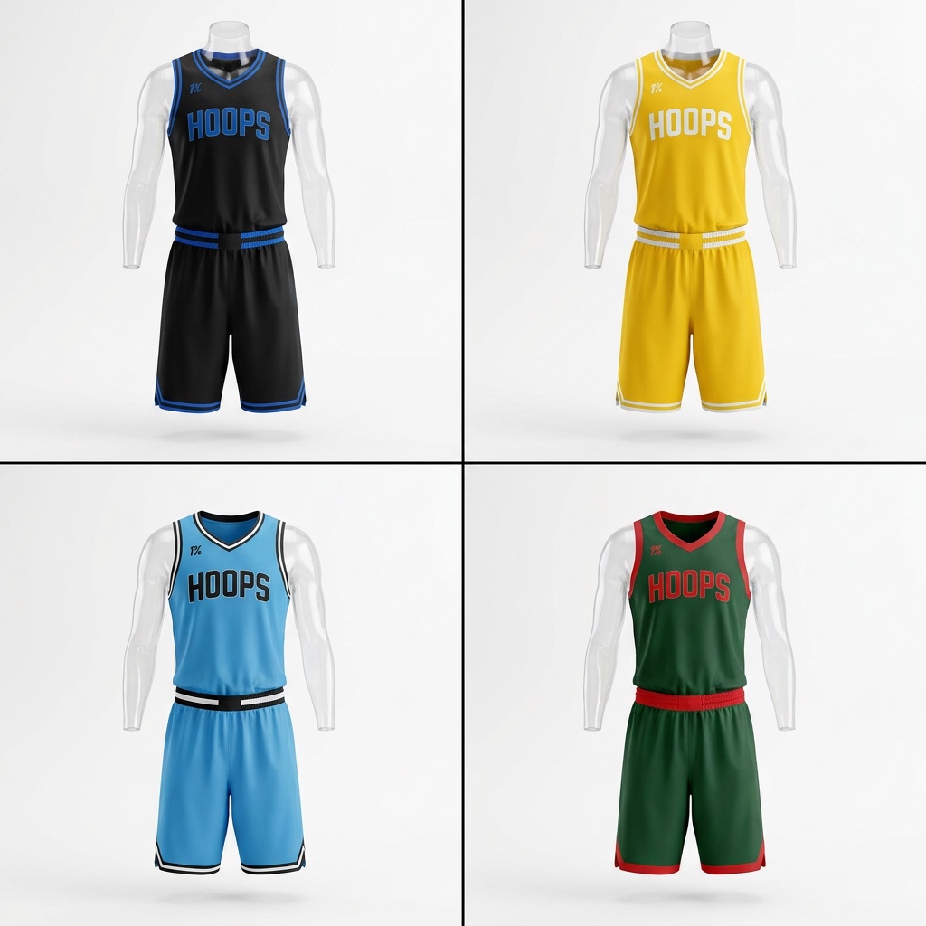 Custom Basketball Uniform Set (Jersey + Shorts) - Solid Colour with Contrast Trim - Your Team Name & Numbers - 4 Colours - From 2