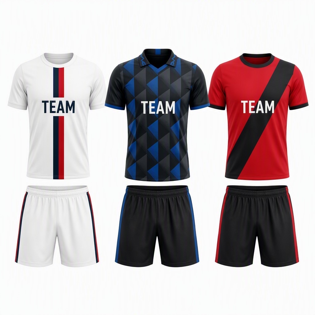 Custom Football Kit (Jersey + Shorts) - 3 Designs: Classic Stripe / Blue Geometric / Red Sash - Your Team Name, Names & Numbers - From 2