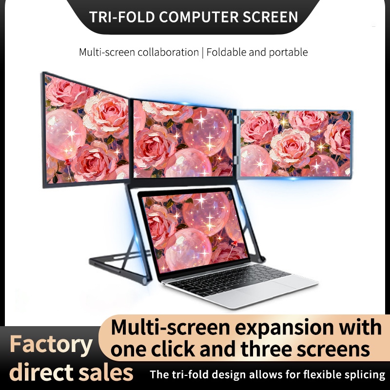 Tri-Fold Portable Triple Monitor - 3x 15.6" Full HD Screens on Foldable Stand, One USB-C Cable, 360 Degree Rotation - for Laptop [Listing 2]