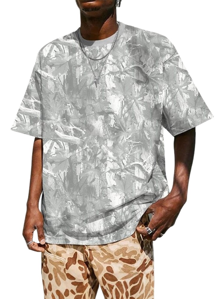 Men's Loose Fit Printed T-Shirt - Leaf, Branch & Graffiti Prints - Cotton, Round Neck - S to 2XL