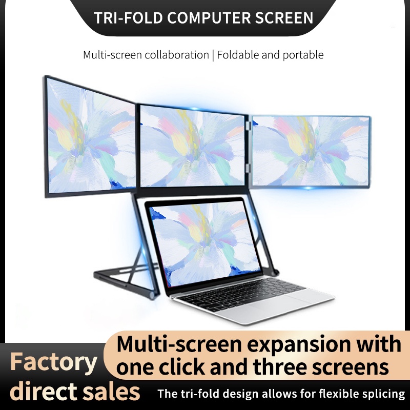 Tri-Fold Portable Triple Monitor - 3x 15.6" Full HD Screens on Foldable Stand, One USB-C Cable, 360 Degree Rotation - for Laptop